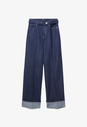 Dark blue wide-leg denim jeans with rolled cuffs, front pockets, belt loops, and a button closure at the waist.