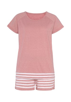 Rosa Kurzarmoberteil mit rundem Ausschnitt und einem weißen gestreiften Saum, kombiniert mit passenden gestreiften Shorts in weißen und rosa Farbtönen.