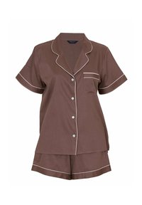 Braunes Pyjama-Set mit kurzem Ärmel, bestehend aus einem Hemd mit durchgehender Knopfleiste, einer Brusttasche und weißen Paspelierungen sowie passenden Shorts mit paspelierten Säumen.