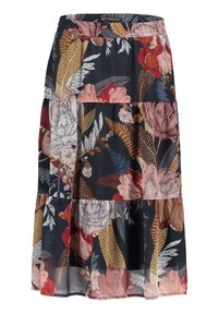 Blommig maxikjol med svart botten, prydd med lager av olika färgglada blommor och blad; elastisk midja; lättviktigt tyg.