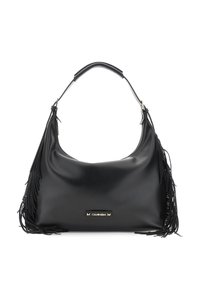 Borsa a mano in pelle nera con un'unica maniglia curva, dettagli di frange laterali e una piccola placca con logo dorato sul davanti.