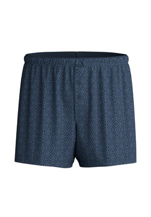 Navyblauwe boxershorts voor heren met elastische tailleband en geometrisch patroon, voorzien van een gulp met twee knopen.