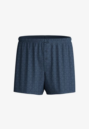 Navyblauwe boxershorts voor heren met elastische tailleband en geometrisch patroon, voorzien van een gulp met twee knopen.