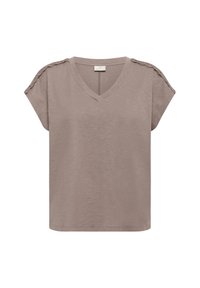 V-Ausschnitt Kurzarmoberteil in hellem Taupe mit strukturierten Schulterakzenten. Weicher Stoff; lockere Passform. Saubere Kanten und minimales Nähdetail.