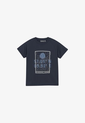 Marineblaue T-Shirt mit Rundhalsausschnitt und Raglanärmeln, mit einem Grafikerdesign aus Konturlinien und Text in Hellblau und Grau.