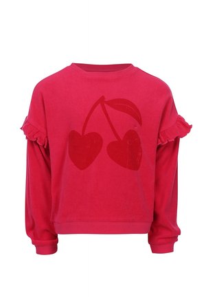 Rode sweater met lange mouwen, ruches op de mouwen en een donkerrood kersenmotief aan de voorkant.