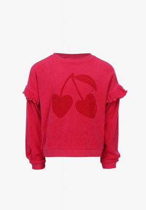 Rode sweater met lange mouwen, ruches op de mouwen en een donkerrood kersenmotief aan de voorkant.
