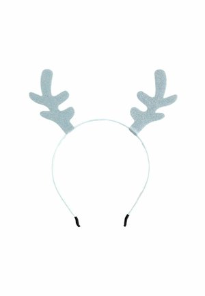 Sølvglitrende rensdyrhorn på en fleksibel, lysfarvet hovedbånd med sorte spidser. Hornene har et forgrenet design.