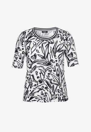 Witte T-shirt met korte mouwen met een abstract zwart bloemenontwerp, ronde halslijn en contrasterende zwarte afwerking aan de randen.
