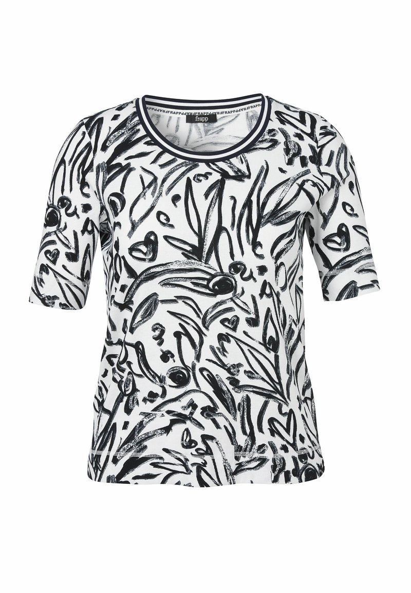 Witte T-shirt met korte mouwen met een abstract zwart bloemenontwerp, ronde halslijn en contrasterende zwarte afwerking aan de randen.