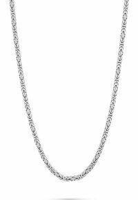 Silverhalsband med en intrikat flätad design, slät yta och enhetlig form. Längd och detaljer om låset är ej angivna.