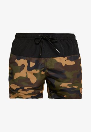 Kamikaze svømmebukser med kamuflasjemønster som har svart midje med snøring, beige, brune og grønne mønstre, samt elastisk stoff for komfort.