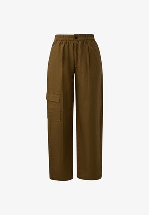 Bruine wide-leg cargobroek met elastische tailleband, knoopsluiting en klepzak op linker dij.