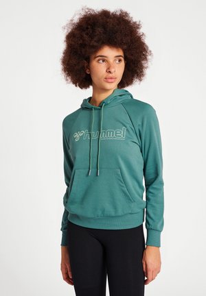 Türkisfarbener Hoodie mit einer Fronttasche, Kordelzugkapuze und Raglanärmeln. Mit einem Logo auf der Brust und gerippten Bündchen.