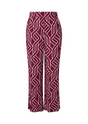 Rode wijde broek met een geometrisch wit design. Heeft een elastische tailleband en een gladde stofstructuur. Geschikt voor casual kleding.