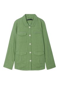 Giacca camicia verde a maniche lunghe realizzata in tessuto testurizzato. Presenta un colletto a punta, due tasche frontali e chiusura con bottoni con cuciture a contrasto.