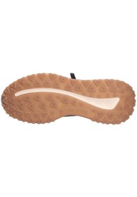 Rubberen buitenzool met een gestructureerd oppervlak met driehoekige patronen. Lichtbruin van kleur met een witte gebogen lijn en "EVOLUTION" erop gedrukt.