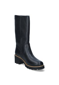 Botte noire en cuir jusqu'au genou avec une finition texturée, fermeture éclair latérale, talon bloc et semelle contrastée. Design classique et fonctionnel.
