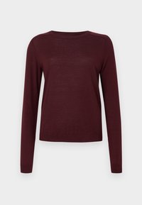 Bordeaux langærmet sweater lavet af blødt materiale, med rund hals og ribbede manchetter, i en let og glat tekstur.