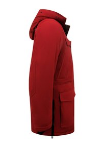 Rode waterdichte jas met capuchon, zijrits en meerdere zakken, met een gladde textuur en een aangesloten pasvorm.
