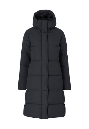 Gevoerde jas in donker marineblauw met een hoge kraag en een verstelbare capuchon. Kenmerken zijn horizontale naden en lange mouwen, wat zorgt voor een rechte silhouet.