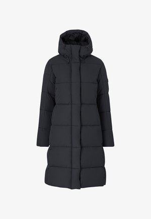 Gevoerde jas in donker marineblauw met een hoge kraag en een verstelbare capuchon. Kenmerken zijn horizontale naden en lange mouwen, wat zorgt voor een rechte silhouet.