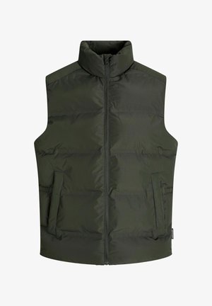 Pehmeast ja ühtlasest kangast rohelisest vooderdatud vest, millel on kõrge krae, täispikk tõmblukk ja kaks küljetaskut.