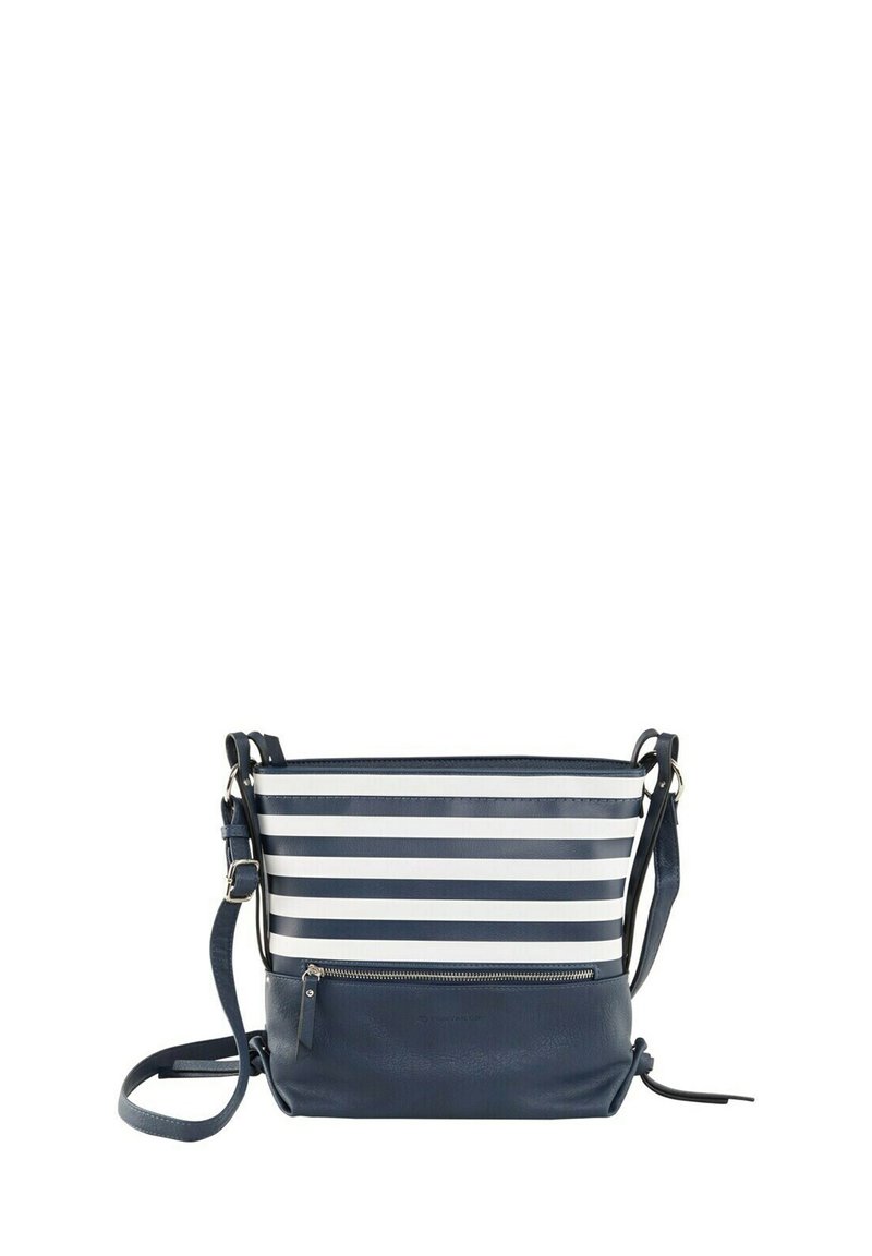 Bolso bandolera a rayas en azul marino y blanco con un bolsillo frontal con cremallera, correa ajustable y parte inferior de cuero sintético texturizado.