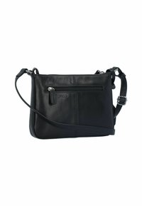 Borsa a tracolla in pelle nera con tasca con zip, tracolla regolabile e dettagli di cucitura sottili. Texture liscia con un design elegante.