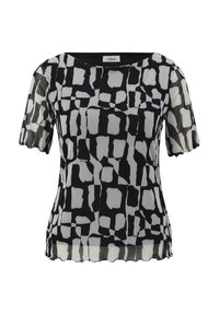 Zwart-witte short-sleeve top met een geometrisch patroon, geplooide stof en een scalloped zoom. Ontworpen met een ronde halslijn.