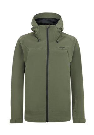 Olijfgroene gewatteerde jas met capuchon, ritssluiting aan de voorkant, verstelbare manchetten, zijzakken en "Protest" logo op de borst.