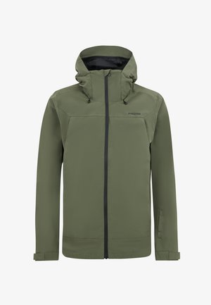 Olijfgroene gewatteerde jas met capuchon, ritssluiting aan de voorkant, verstelbare manchetten, zijzakken en "Protest" logo op de borst.