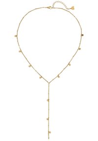 Collier en chaîne dorée avec de petits pendentifs circulaires, longueur ajustable, et un design en Y avec une texture et une finition délicates.