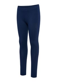 Marineblauwe aansluitende leggings met een hoge tailleband, ontworpen voor comfort en stretch, getoond tegen een witte achtergrond.
