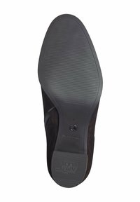 Zwarte suede schoenzool met rubberachtige textuur, voorzien van groeven voor grip en een reliëfmerk. Maat gemarkeerd als 37.