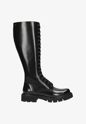 Bottes noires montantes à lacets en cuir brillant, avec une semelle épaisse, un bout rond et des détails de surpiqûres marqués sur les côtés.