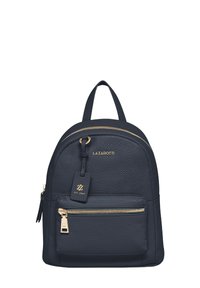 Schwarzer, texturierter Leder-Rucksack mit goldenen Reißverschlussdetails, Fronttasche, Griff oben und "LAZAROTTI"-Branding.