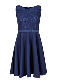 Navy-blaues Kleid mit einem Spitzentop, ärmellosem Design und einem schwingenden Rock. Es hat ein strukturiertes Taillenband und einen runden Ausschnitt.