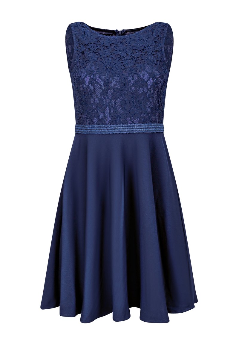Navy-blaues Kleid mit einem Spitzentop, ärmellosem Design und einem schwingenden Rock. Es hat ein strukturiertes Taillenband und einen runden Ausschnitt.