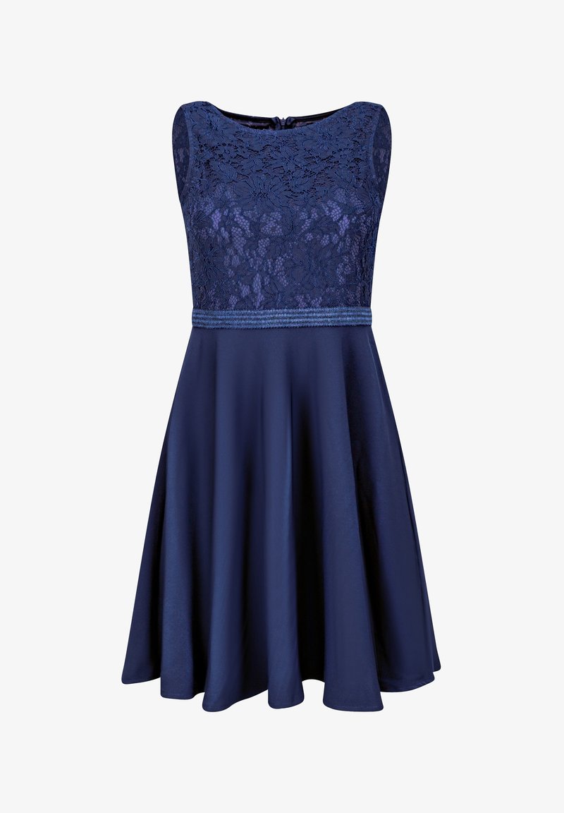 Navy-blaues Kleid mit einem Spitzentop, ärmellosem Design und einem schwingenden Rock. Es hat ein strukturiertes Taillenband und einen runden Ausschnitt.