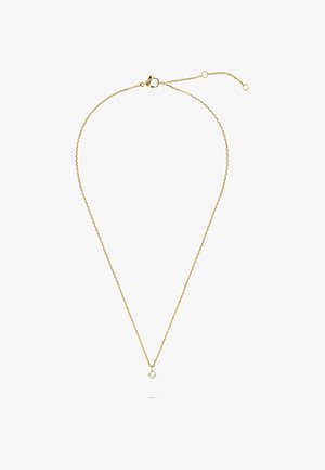 Delicata collana con catena d'oro e ciondolo a forma di piccola pietra preziosa rotonda e trasparente, con chiusura regolabile.