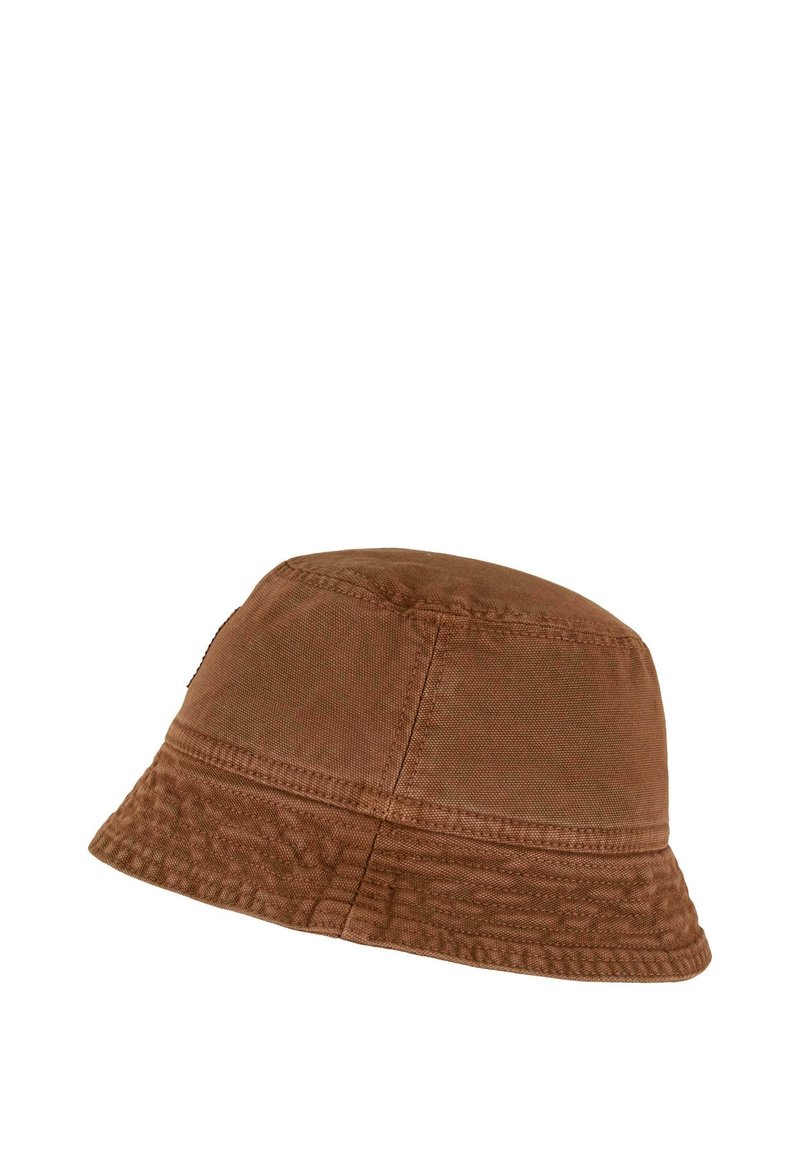 Brown cotton bucket hat with stitched panels and a downward sloping brim against a white background.