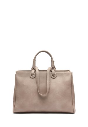 Beige leather handbag with dual handles, smooth texture, rectangular shape, and circular hardware accents on the handle attachments.