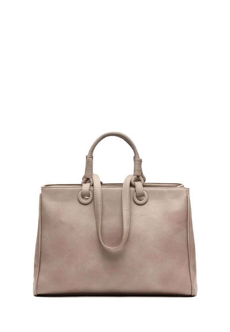 Beige läderhandväska med dubbla handtag, slät textur, rektangulär form och runda metalldetaljer på handtagsfästen.