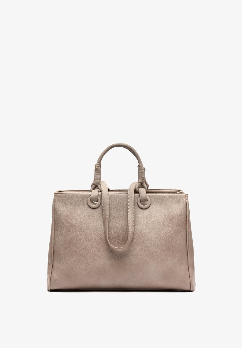 Beige läderhandväska med dubbla handtag, slät textur, rektangulär form och runda metalldetaljer på handtagsfästen.