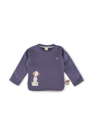 Lila Langarm-Sweatshirt, mit einer Hundillustration auf der Vorderseite, rundem Ausschnitt und einem kleinen Hundeakzent an der Seite.