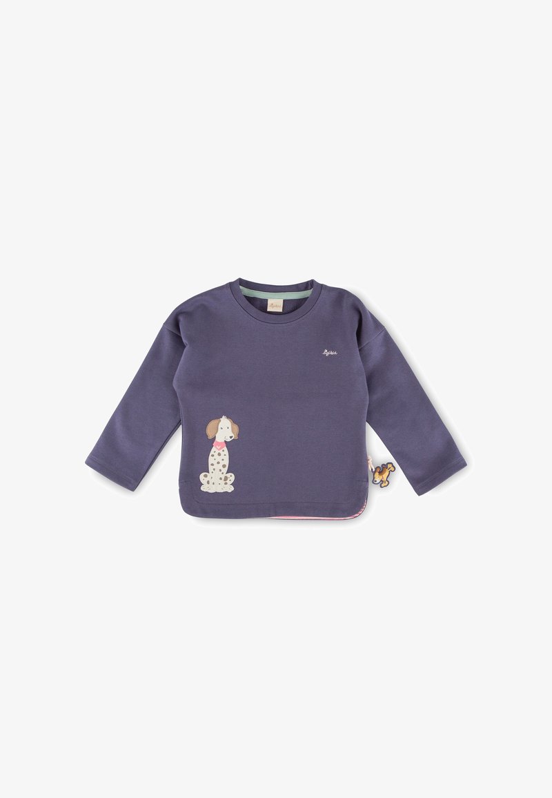 Purple long-sleeve sweatshirt, features a dog illustration on the front, rounded neckline, and a small dog accent on the side.