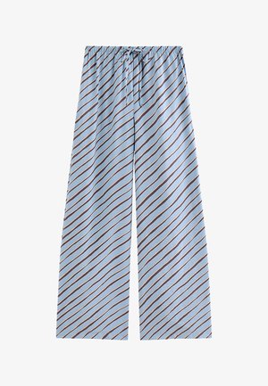 Pantalones anchos de pierna en azul claro con rayas diagonales blancas y marrón oscuro, cintura elástica y cordón ajustable en la cintura.