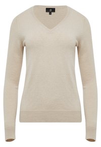 Pull beige à col en V et manches longues avec poignets et ourlet côtelés, taille petite, de la marque Dreimaster.