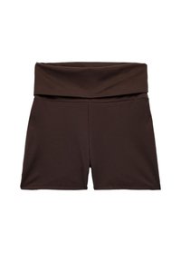Donkerbruin shorts met een omgeslagen tailleband, gemaakt van een zachte stof en met een rechte zoom, ontworpen voor comfort en casual gebruik.